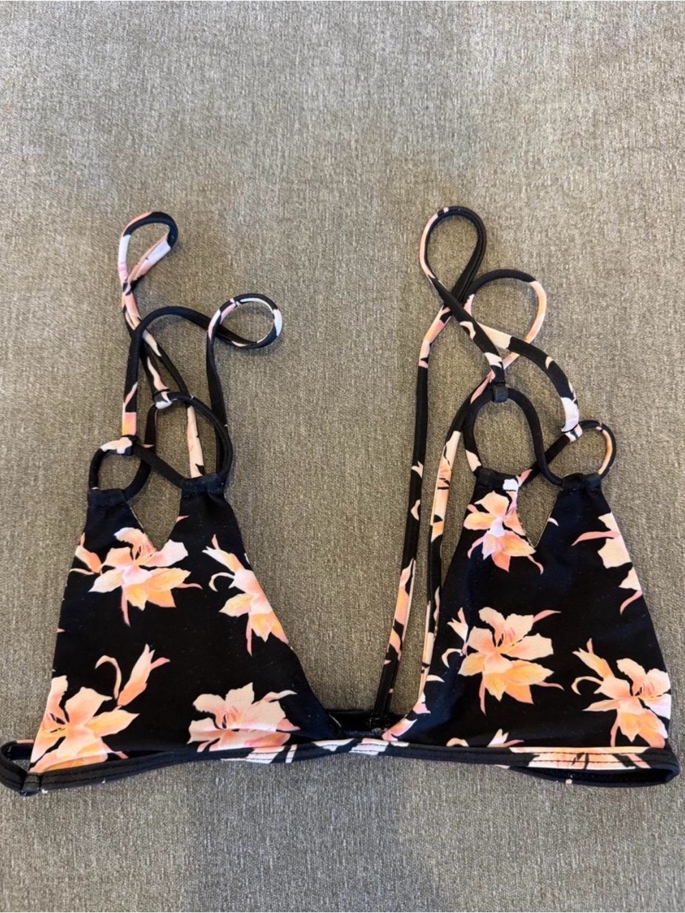 acacia swimwear Black Bikini Top with Peach Floral Print